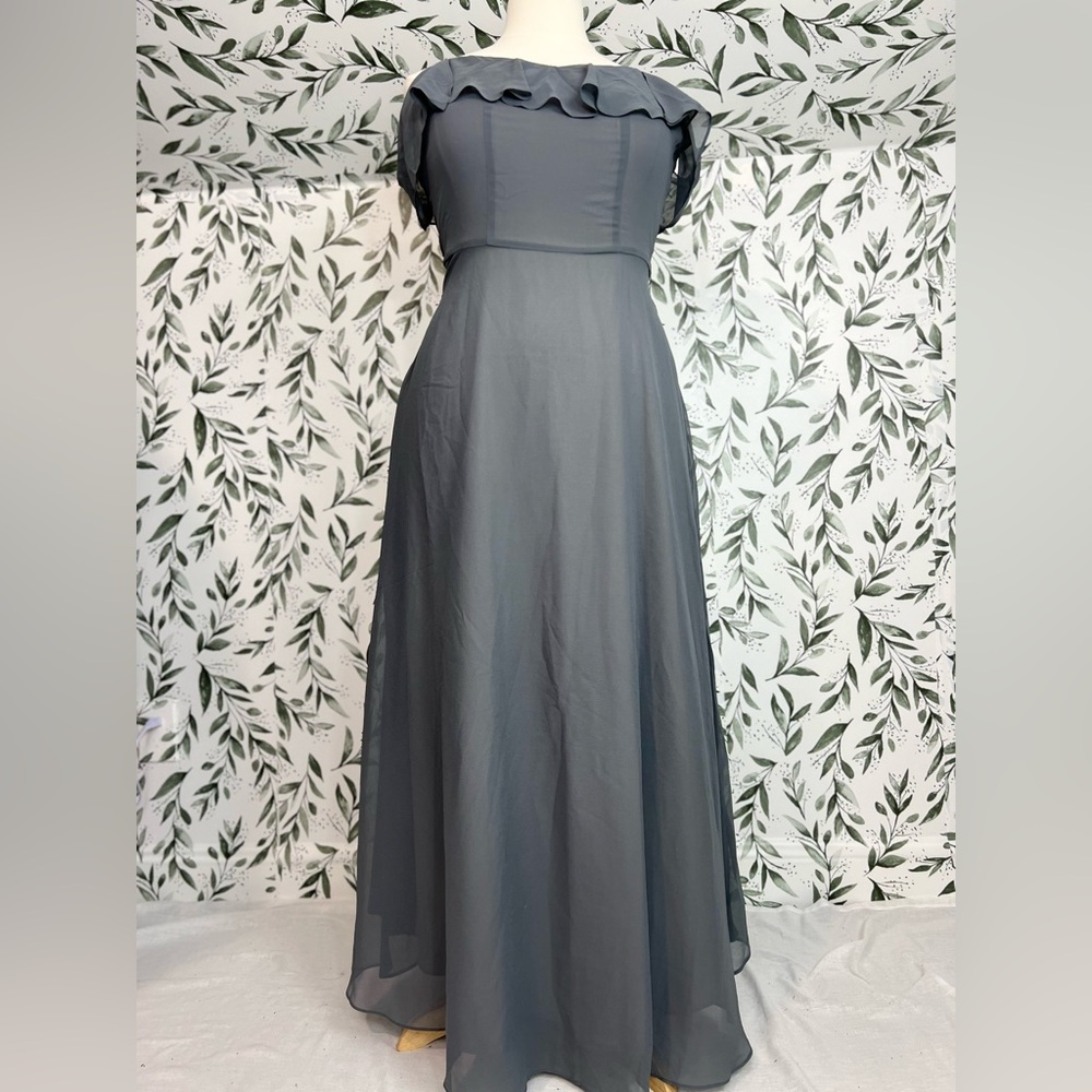 Gray Off-Shoulder Ruffle Formal Gown Maxi Dress Sz 14 L Evening Prom Wedding‎ #4